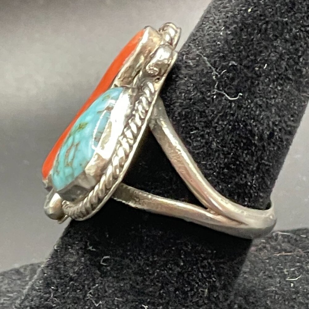 Vintage Signed Native American Silver Turquoise Coral Ring 5 1/2 - Picture 11 of 15